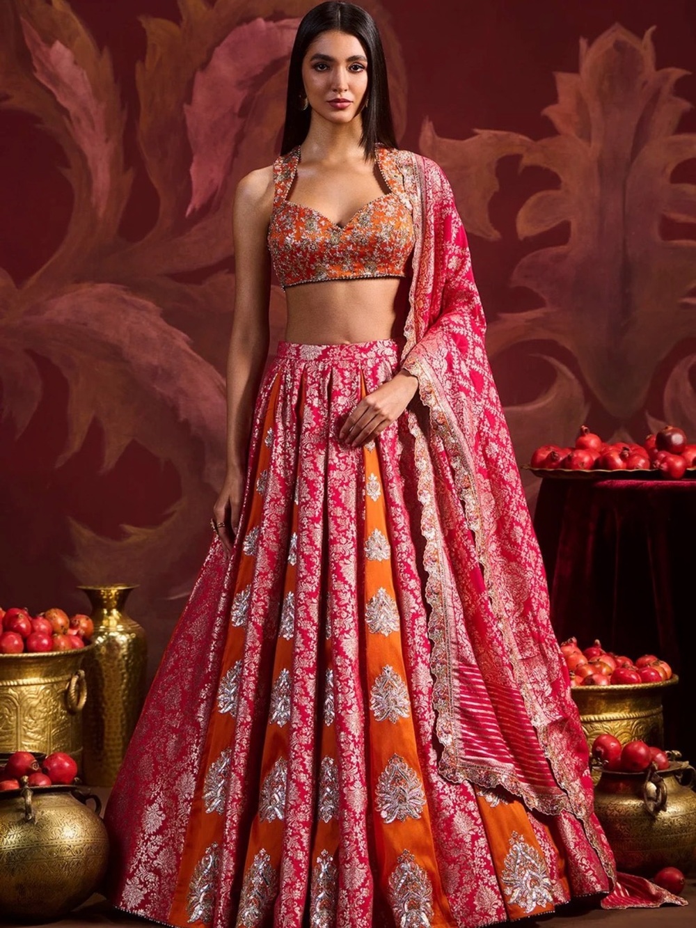 Vibrant Pink & Orange Embroidered A-Line Lehenga Set